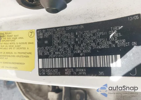 2006 Toyota Highlander Limited V6 из США, поврежденный, VIN JTEDP21A960103552